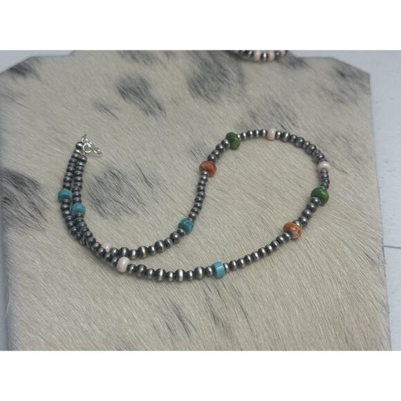 Native American Sterling Silver Pink Conch Turquoise Spiny Navajo Pearl Necklace - Picture 3 of 8